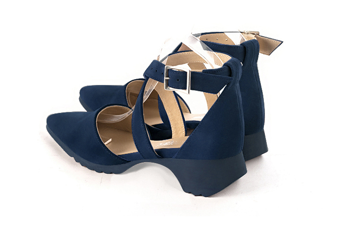 Dress heels closed-back crossed straps in navy blue leather with  and  - Rear view